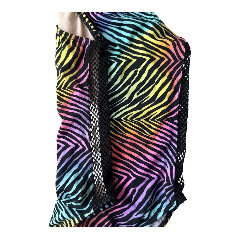 Vintage Y2K Rainbow Zebra Print Girls One Piece Swimsuit‎ Size 12 Mesh Trim
